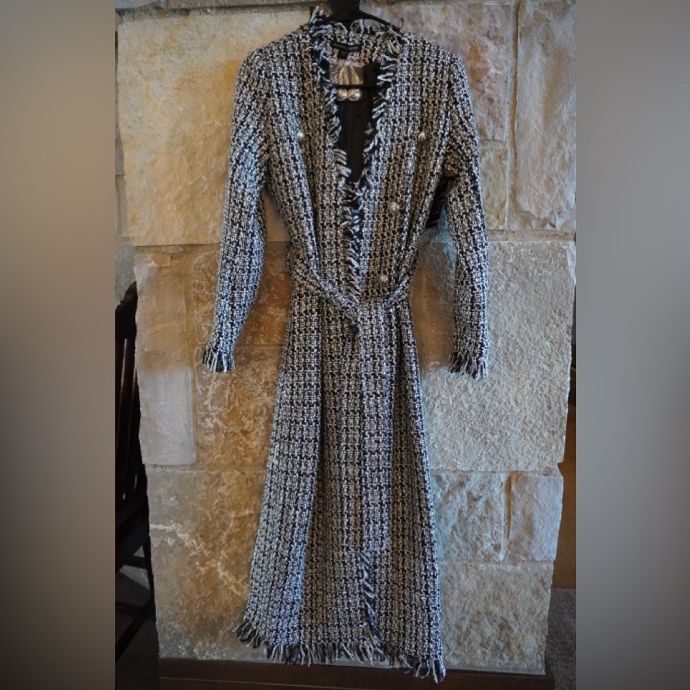 Boston Proper Black and White Tweed Belted Coat size Small